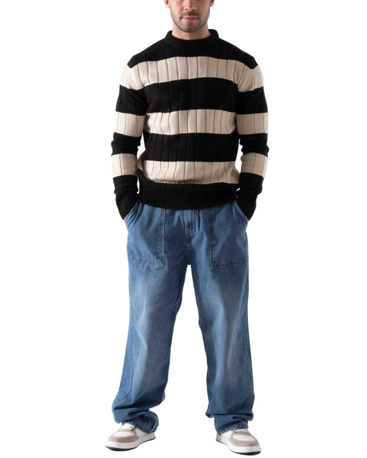 Men's Striped Ribbed Knit Sweater Black & Beige