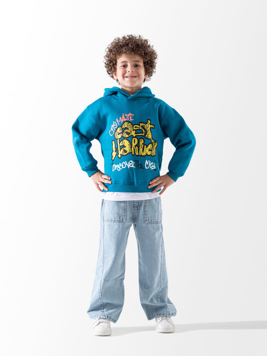 Boy's Melton  Print Hoodie -Turquoise