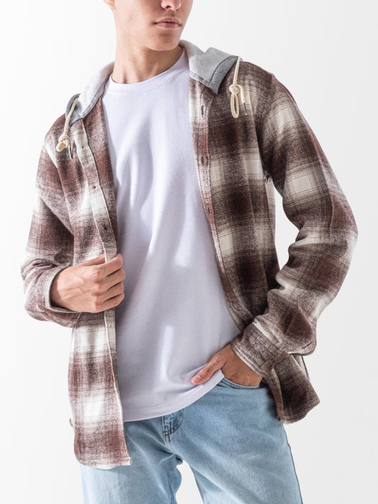 Men's Winter plaid shirt with hood - Brown