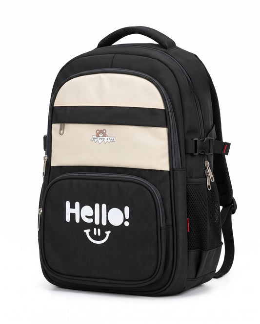 شنطة ظهر مدرسية سوداء وبيج متعددة الجيوب بطبعة Hello | TREE