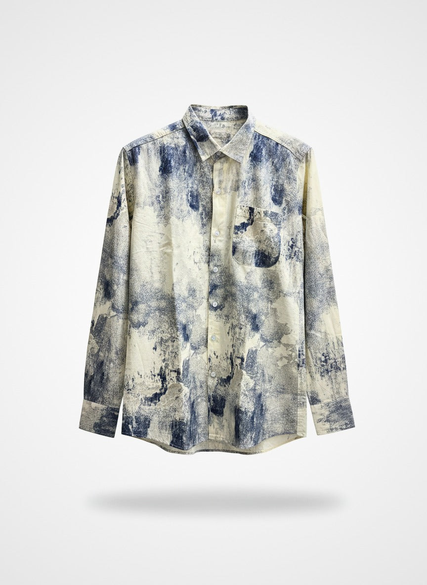 Long-sleeve shirt with abstract blue and beige pattern on a light gray background
