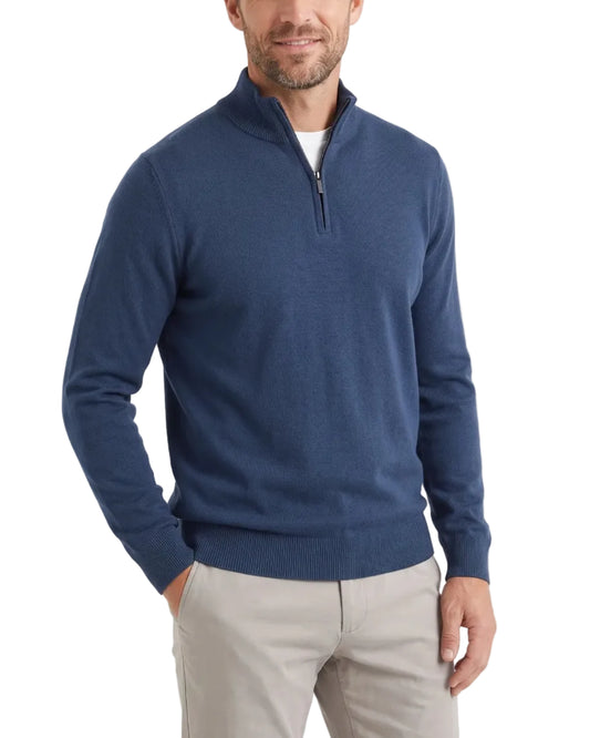 Men’s Navy Blue Quarter-Zip Pullover Sweater with Ribbed Cuffs and Hem, Worn with Beige Trousers on a White Studio Background.