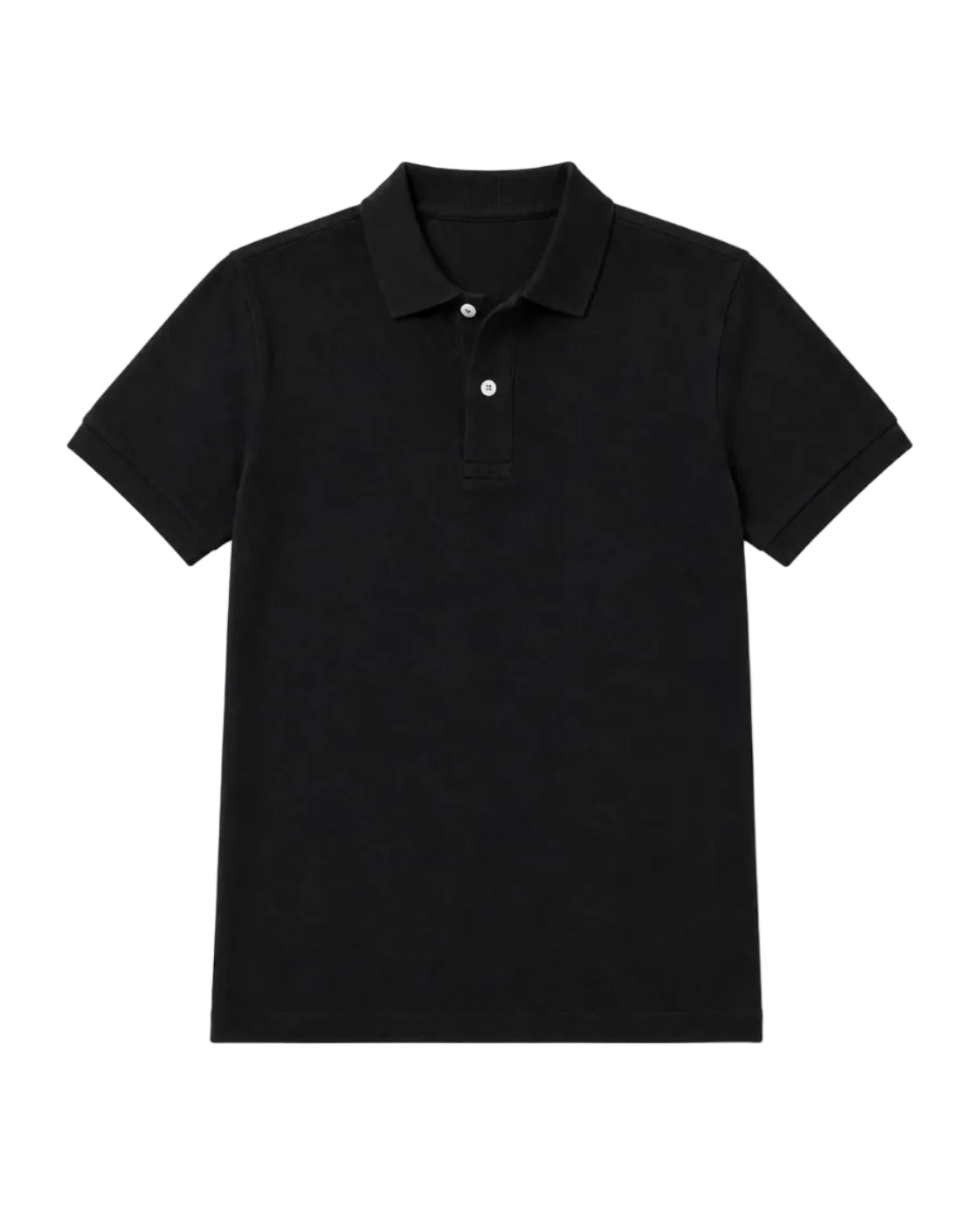Flat-lay view of a men’s black solid piqué polo shirt with a regular fit by TREE