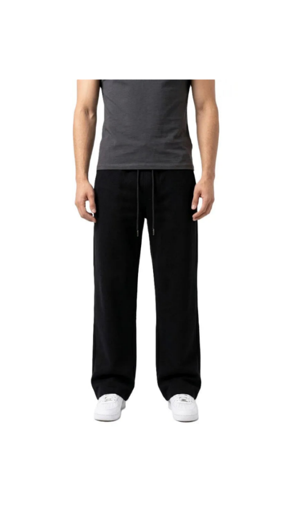 Men's solid black straight sweatpants with visible texture and open hems from TREE