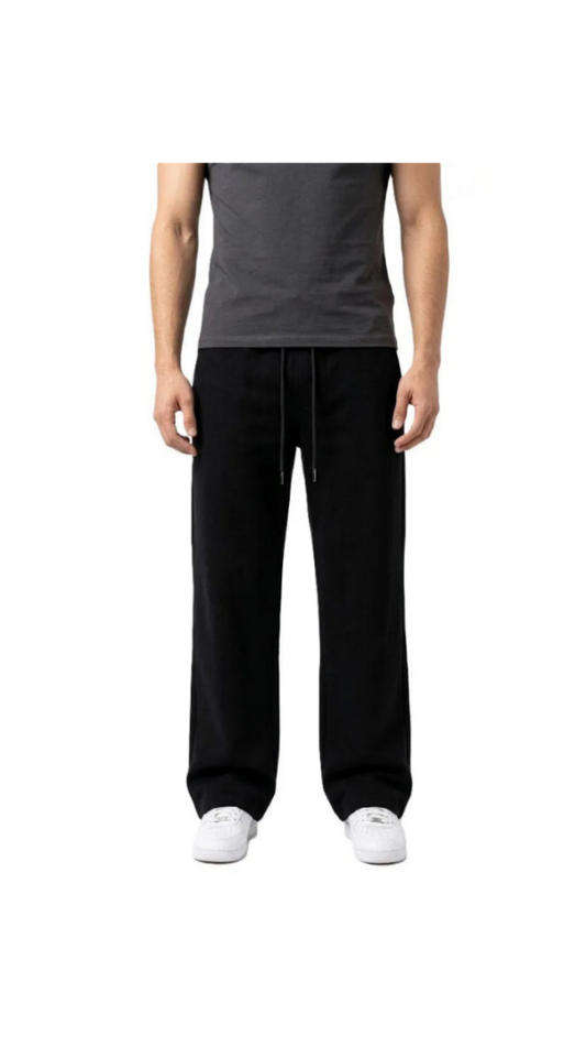 Men's solid black straight sweatpants with visible texture and open hems from TREE
