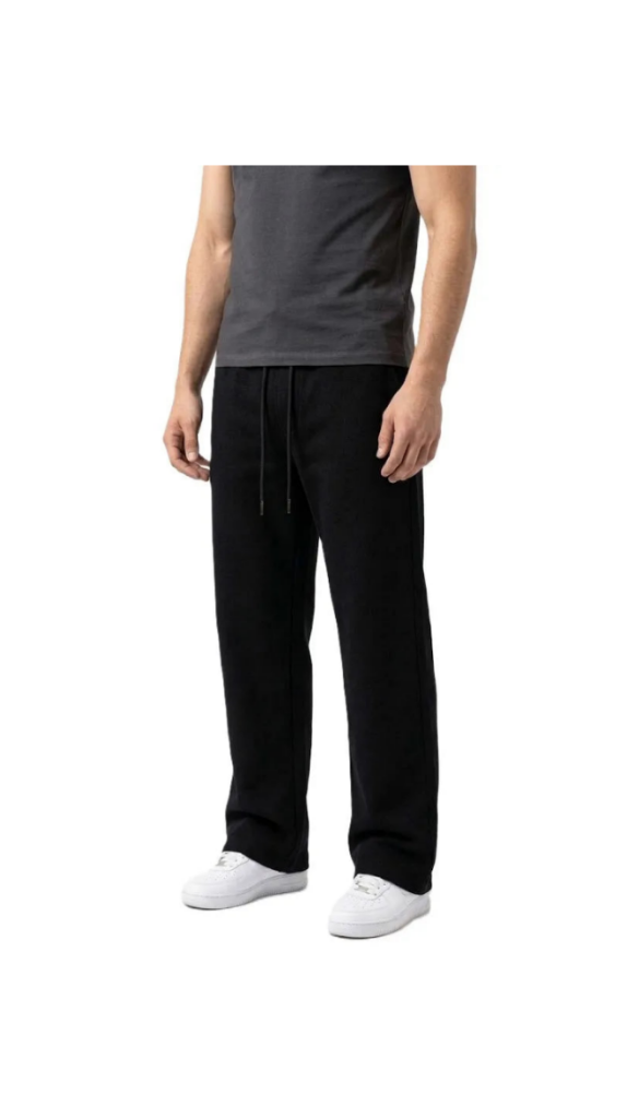 Close-up of the elastic waistband and drawstring on TREE's men's black straight sweatpants