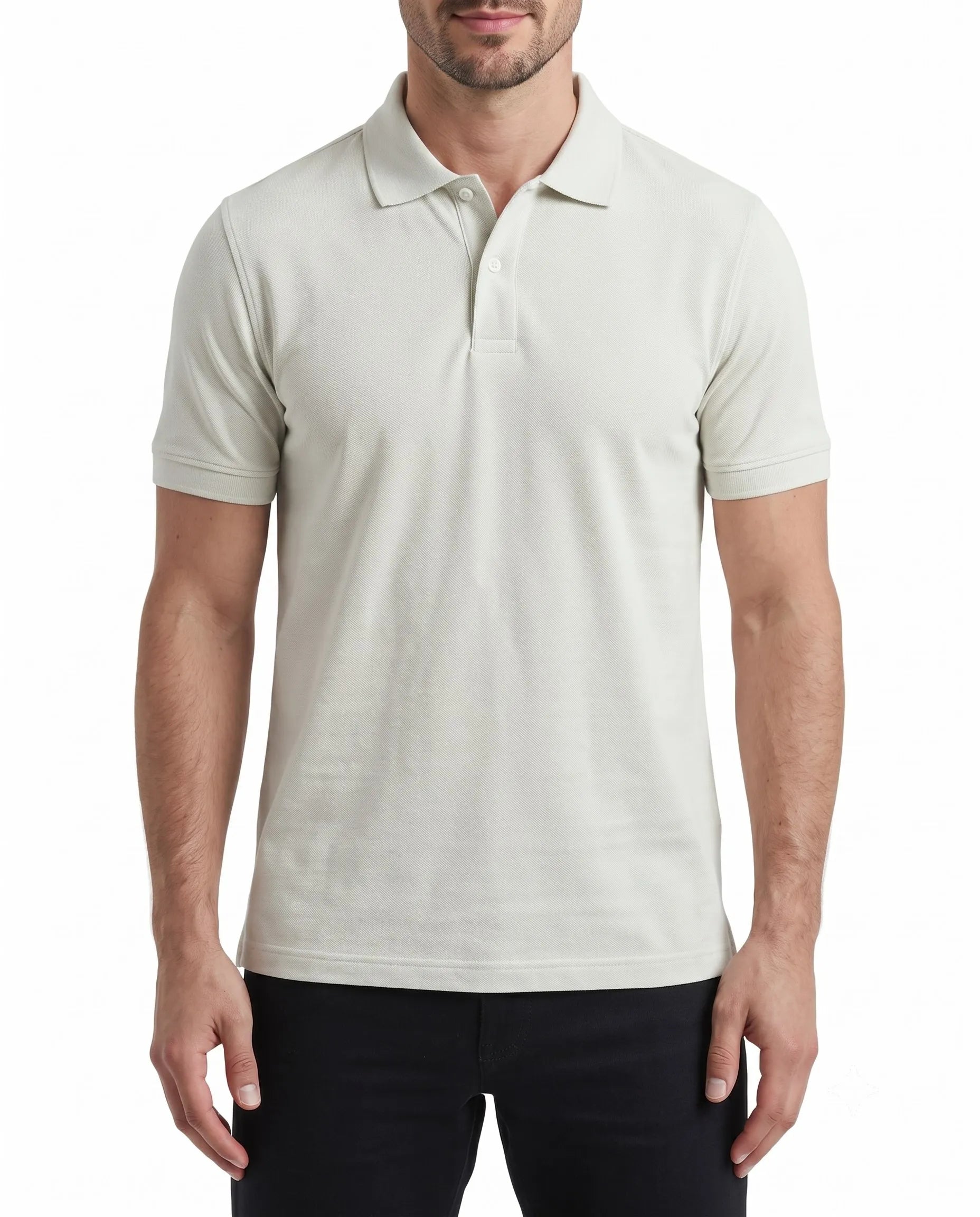 Front view of a man wearing an off-white piqué polo shirt featuring a regular fit by TREE.