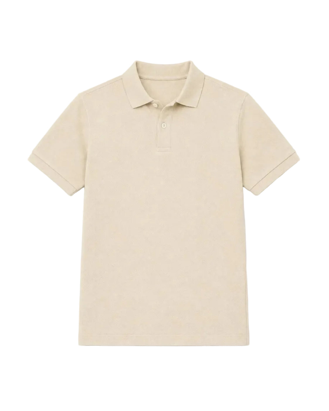 Front view of a man wearing a beige piqué polo shirt featuring a regular fit by TREE.