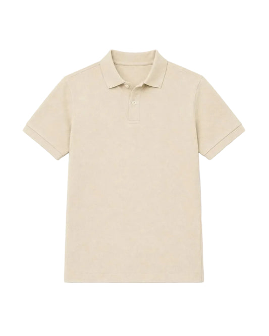 Front view of a man wearing a beige piqué polo shirt featuring a regular fit by TREE.