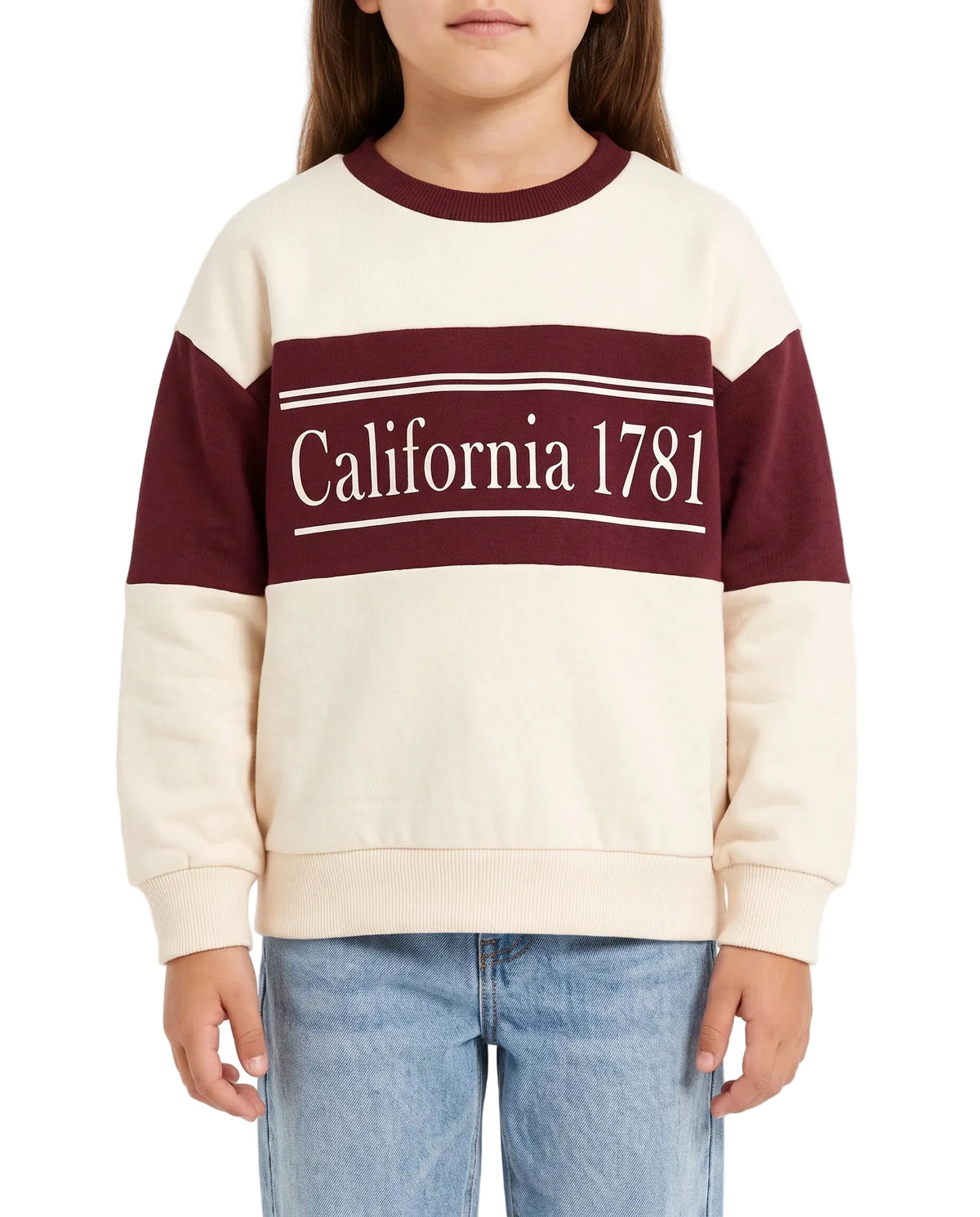 Girls' printed crewneck sweatshirt beige and maroon - TREE
