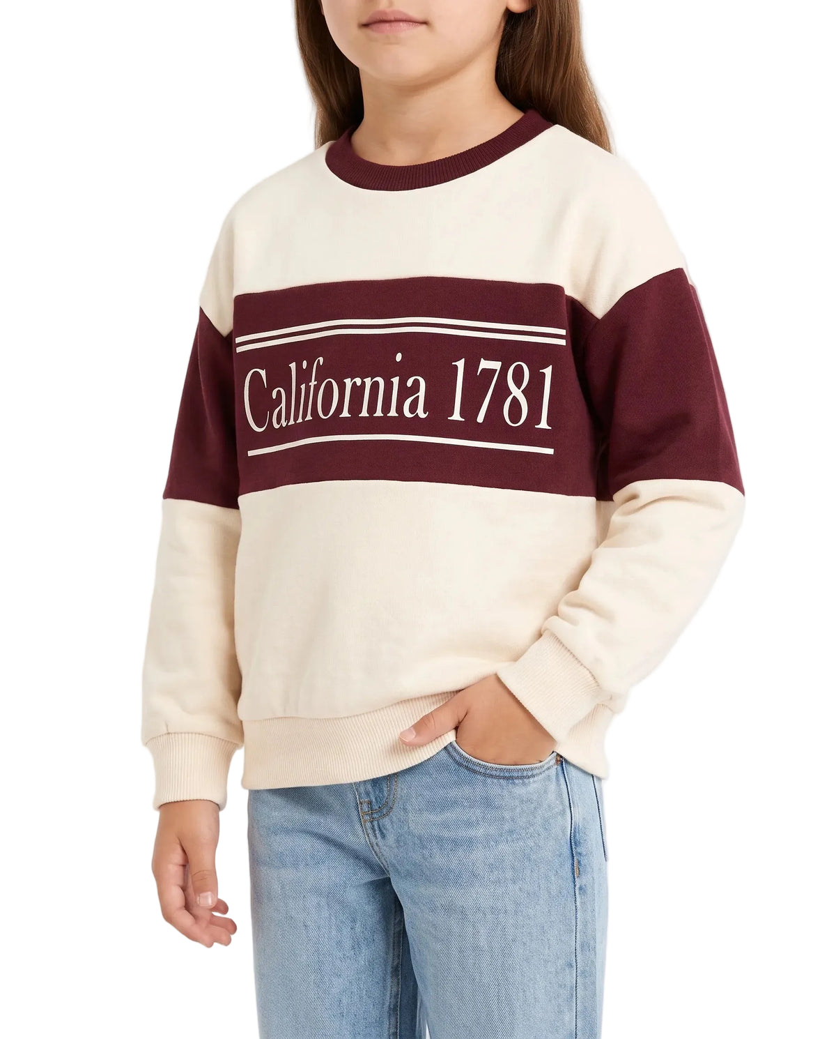 Girls' printed crewneck sweatshirt beige and maroon - TREE
