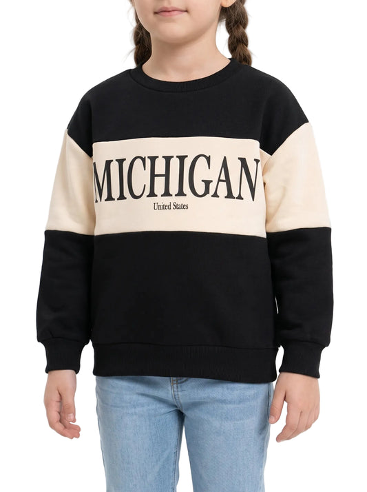 Girls' oversized printed crewneck sweatshirt black and beige - TREE