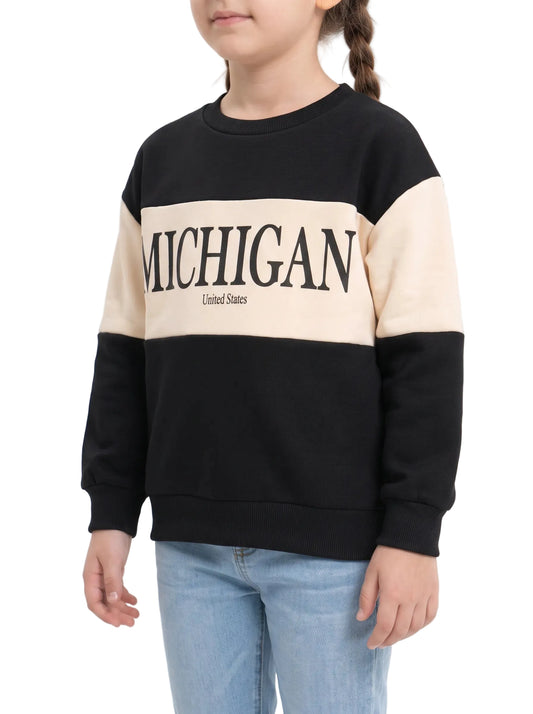 Girls' oversized printed crewneck sweatshirt black and beige - TREE