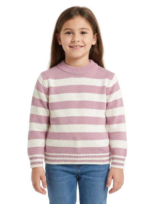 Girls' striped knit sweater cashmere and off-white - TREE