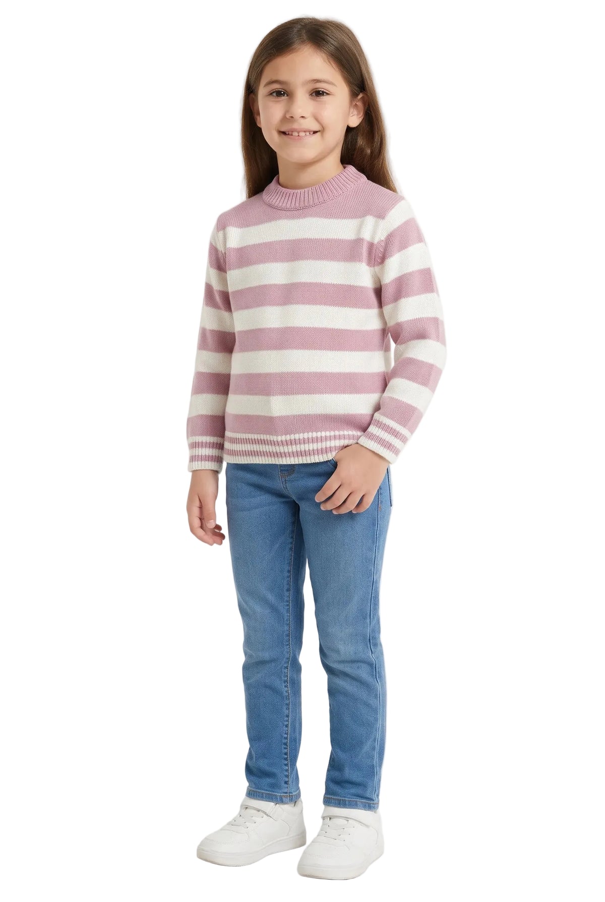 Girls' striped knit sweater cashmere and off-white - TREE