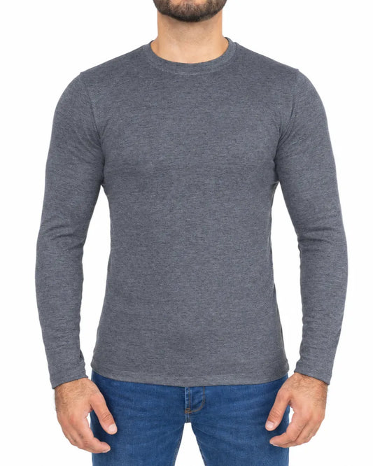 Men's basic dark gray long sleeve T-shirt with crew neckline