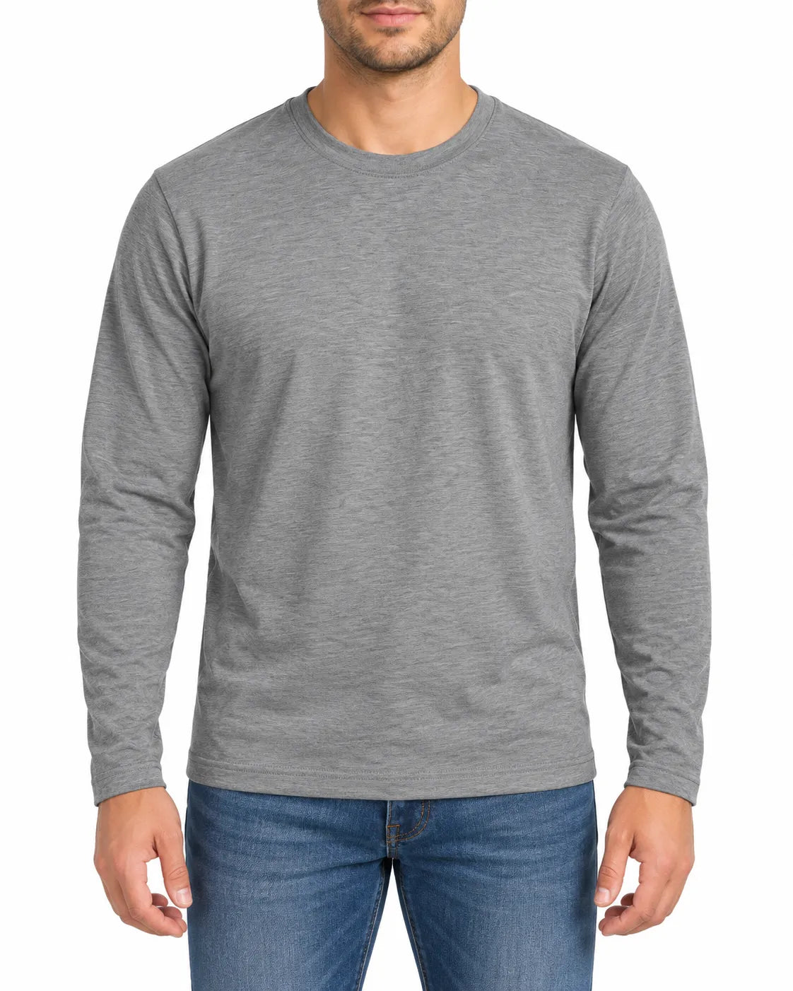 Men's basic gray long sleeve T-shirt with crew neckline