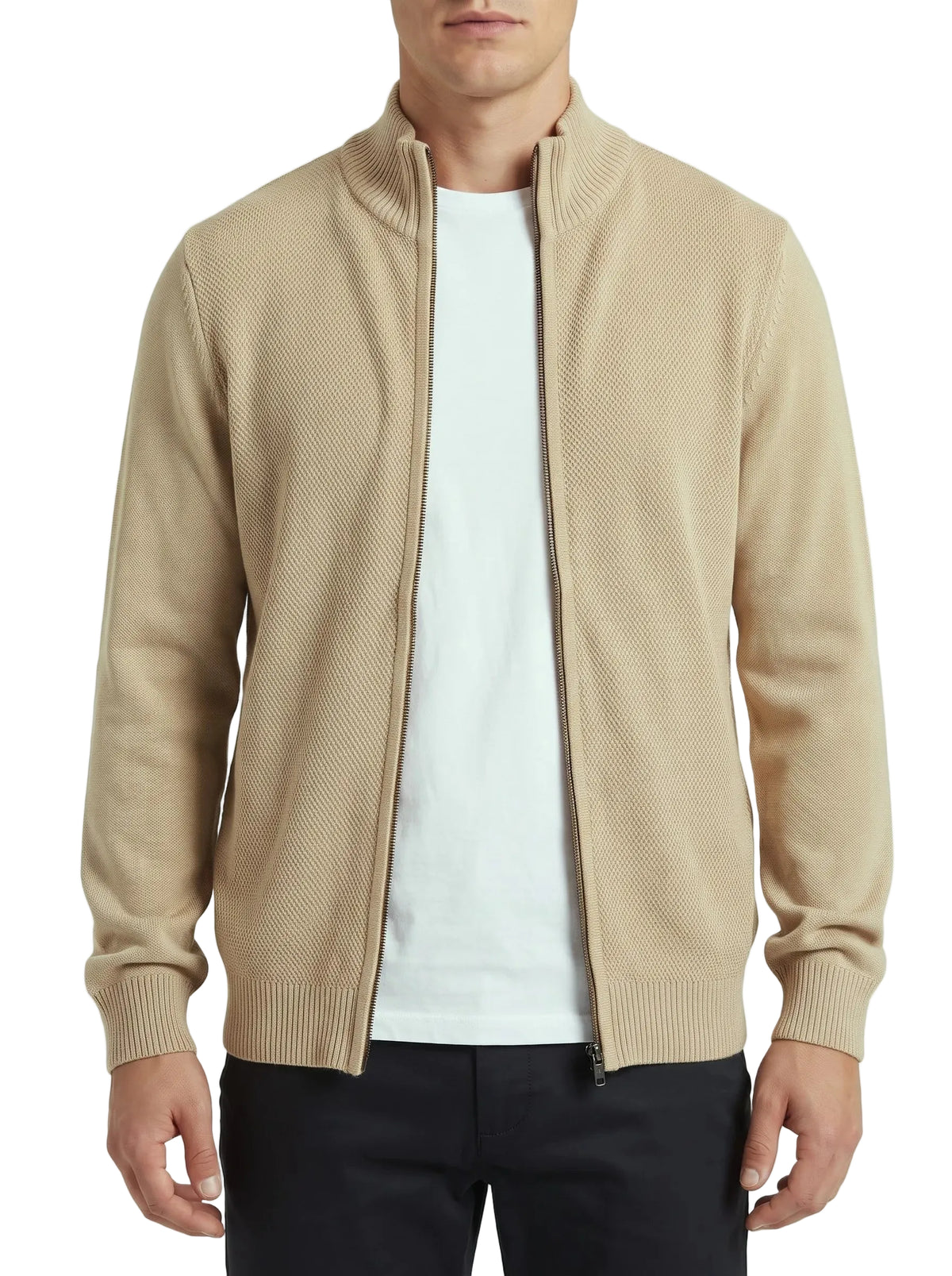 Men's full-zip knit pullover beige - TREE
