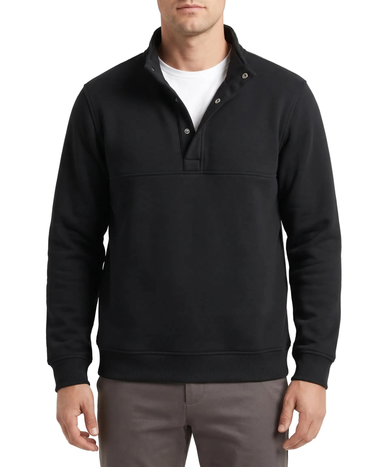 A man wearing a black long-sleeve quarter-button pullover sweatshirt over a white t-shirt and gray pants, shown from the chin down against a plain white background.