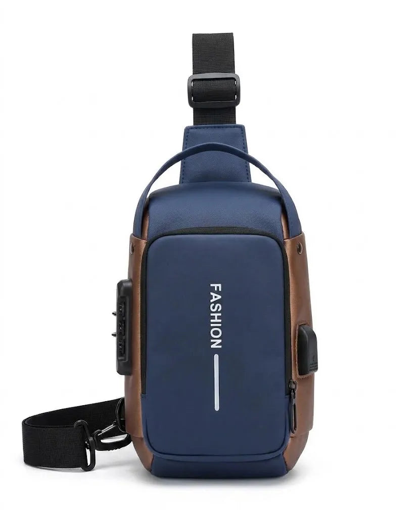 Men's blue waterproof anti-theft sling bag with USB port and password lock