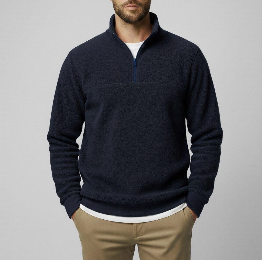 سويت شيرت رجالي قطن 100% بلون كحلي داكن مع ياقة وسوستة أمامية