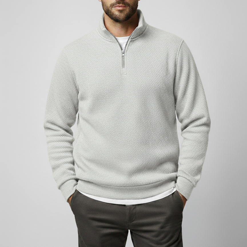 سويت شيرت رجالي رمادي بنسيج محبوك/بارز، مصنوع من 65% قطن و 35% بوليستر مع سحاب ربع