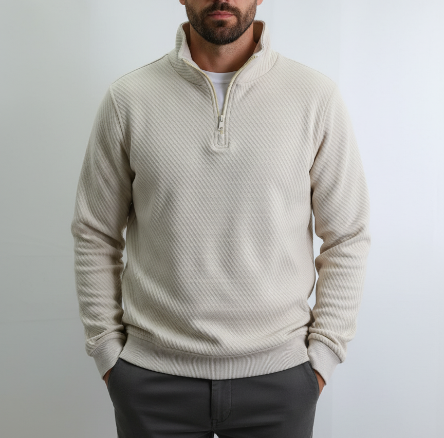 سويت شيرت رجالي بيج بنسيج محبوك، مصنوع من 65% قطن و 35% بوليستر مع سحاب ربع