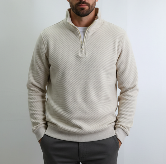 سويت شيرت رجالي بيج بنسيج محبوك، مصنوع من 65% قطن و 35% بوليستر مع سحاب ربع