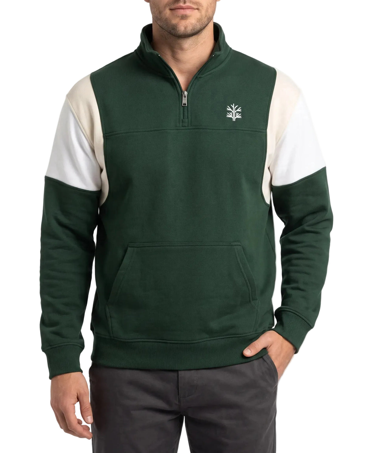 Men's dark green and white quarter-zip cotton sweatshirt   