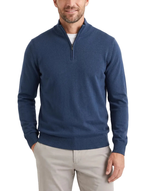 Men’s Navy Blue Quarter-Zip Pullover Sweater with Ribbed Cuffs and Hem, Worn with Beige Trousers on a White Studio Background.