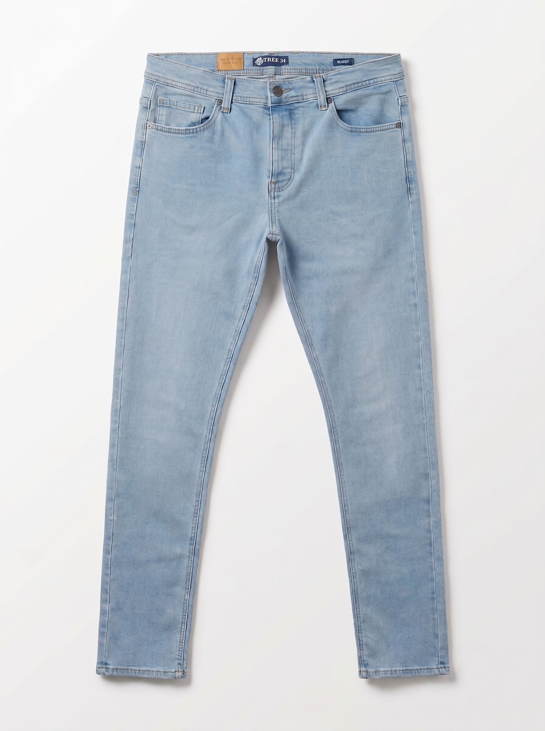 Light wash blue denim jeans shown flat against a plain white background.