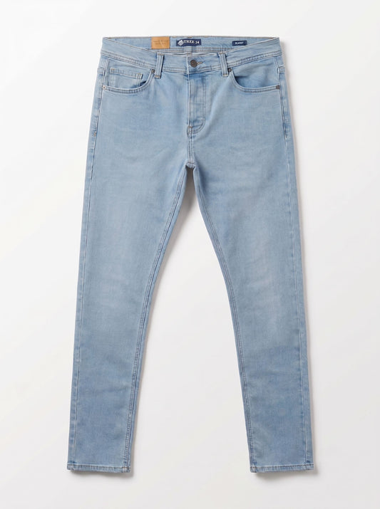 Light wash blue denim jeans shown flat against a plain white background.