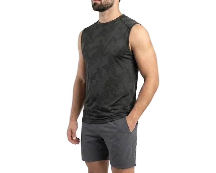 Close-up of the geometric print on TREE's men's sleeveless athletic shirt