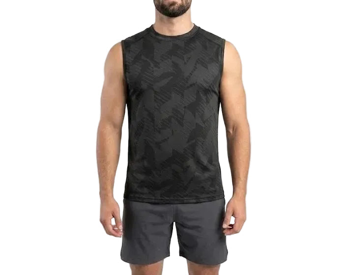 Men's black sleeveless athletic shirt with geometric print and visible texture from TREE