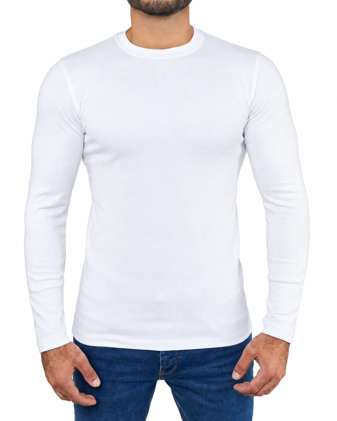TREE men's basic white long sleeve T-shirt with crew neckline