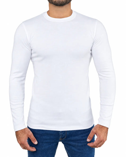 TREE men's basic white long sleeve T-shirt with crew neckline