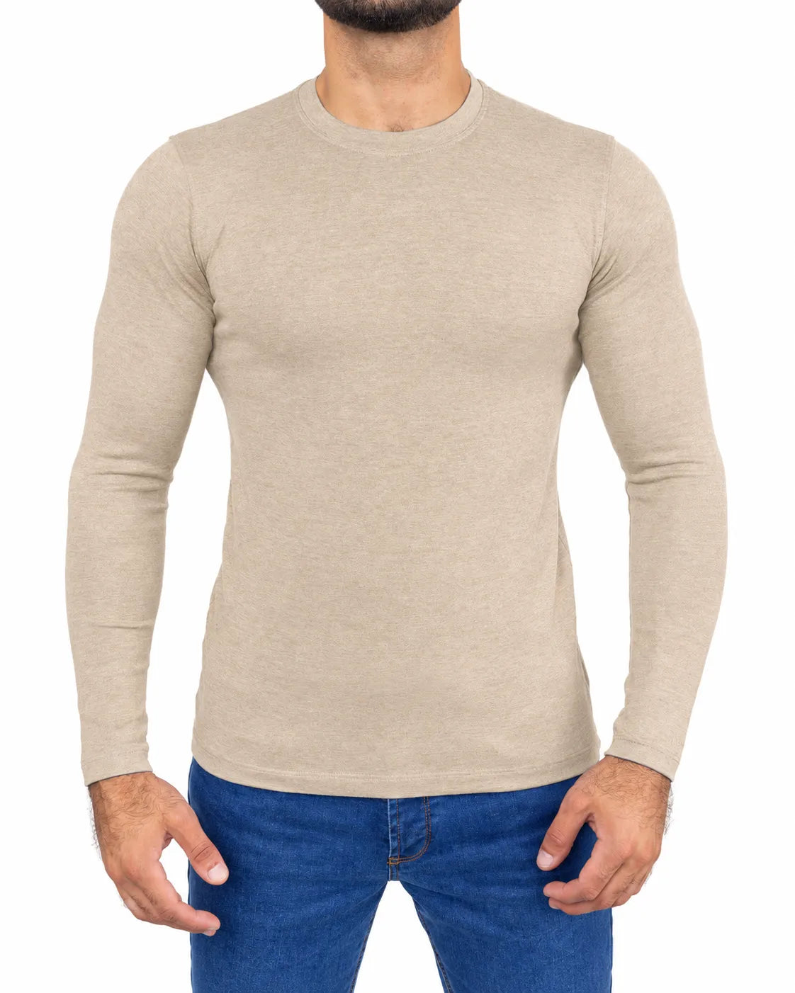 Men's beige basic long sleeve T-shirt with crew neckline