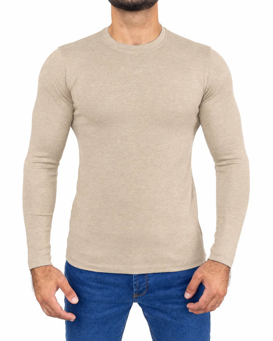 Men's beige basic long sleeve T-shirt with crew neckline