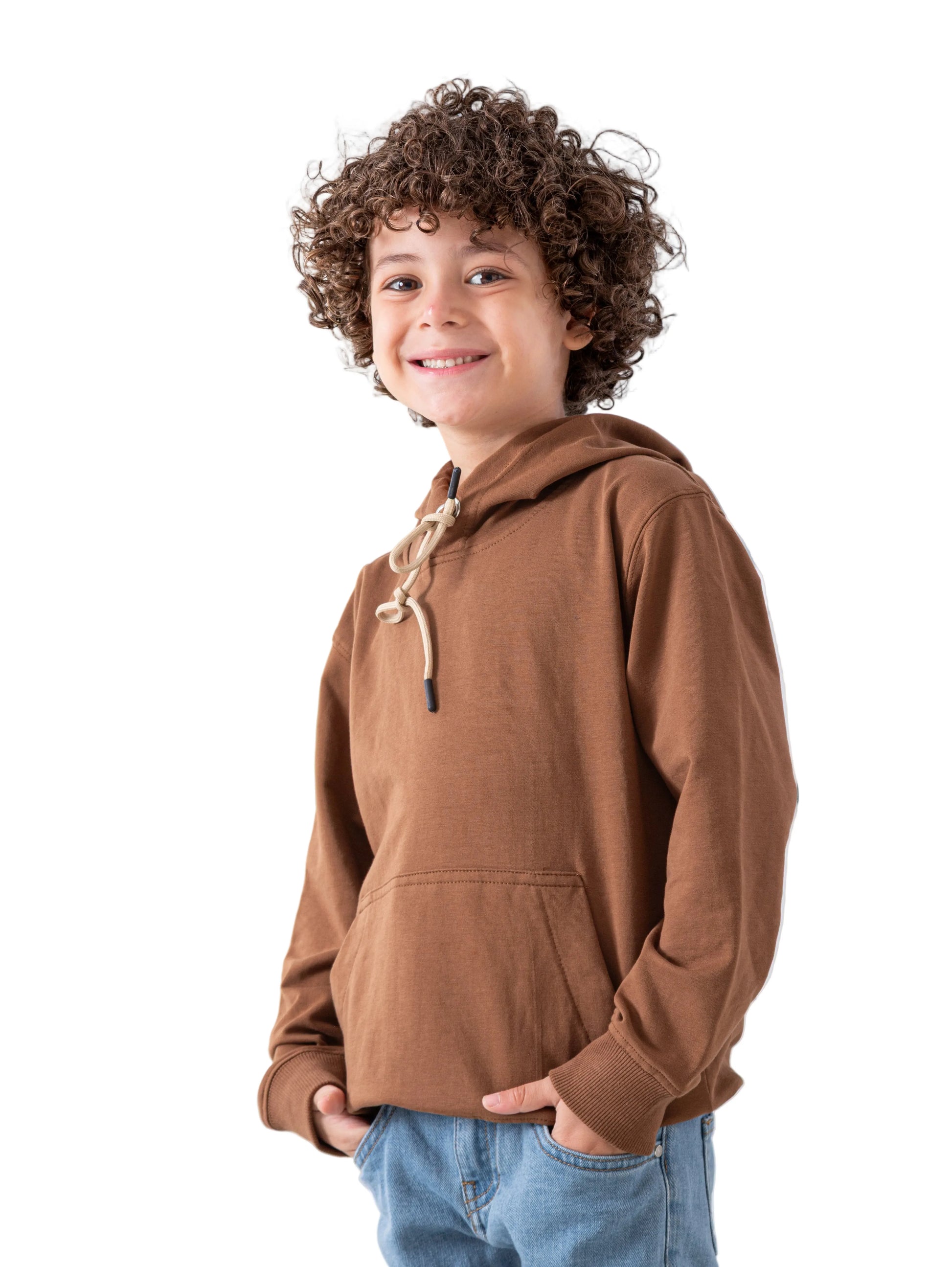 Boys' brown hoodie highlighting the front kangaroo pocket and regular fit