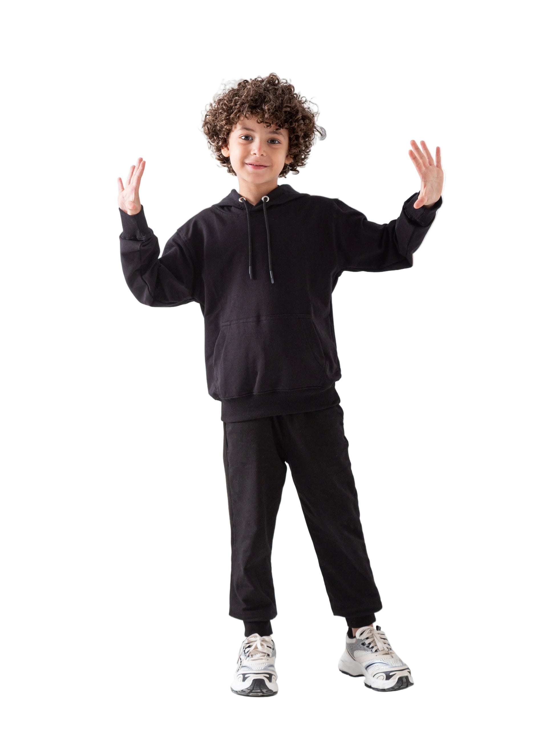 Boys' black sweatshirt showing the kangaroo pocket and hood details
