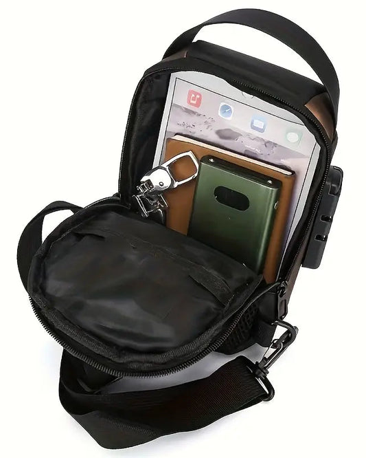 Men's waterproof anti-theft sling bag with USB port and password lock